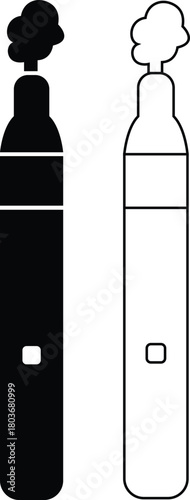 Vape icons set in black flat and outline styles. Electronic cigarette symbols for smoke, vaping device, nicotine theme and minimal vectors collection and modern vape. Bad habit illustration.