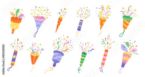 Cartoon party popper with confetti. Different firecrackers, exploding paper cones and cylinders, festive loud accessories. Birthday decoration, New Year and Christmas. Garish vector set