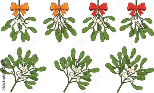 Stylized mistletoe bunches with green leaves, white berries, holiday decoration, festive botanical illustration, Christmas plant, seasonal ornament design