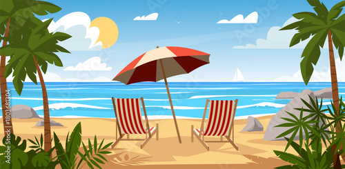 Beach landscape. Summer sea vacation, sun loungers under umbrella on sand, tropical palm trees, cumulus clouds, paradise panorama cartoon flat isolated seaside qualitative vector concept