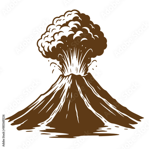 Volcano erupting with smoke and ash drawn in a brown sketch vintage style