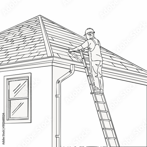 This clean line illustration captures a person on a ladder carefully performing essential maintenance on a residential house's roof and gutter.