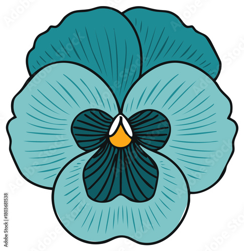 Teal blue and black pansy flower illustration with a white backdrop for design applications