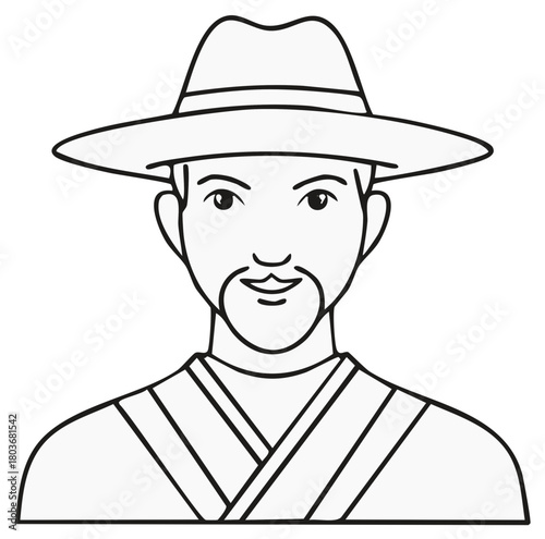 Contour Drawing of Man with Beard Wearing Hat and Crossbody Bag Digital Illustration