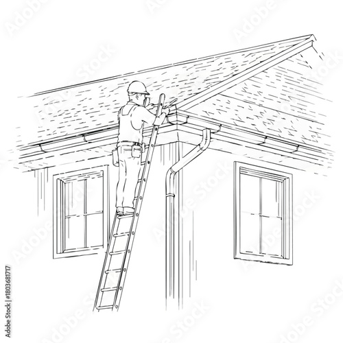 A diligent worker safely performs installation or maintenance on a residential building's roofline and gutter system, emphasizing home repair and safety.