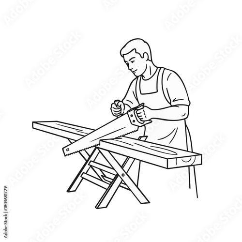 A skilled craftsman wearing an apron meticulously saws a wooden plank on a sturdy sawhorse, demonstrating traditional woodworking techniques and dedicated manual labor.