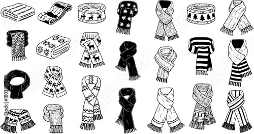 Hand-drawn collection of various black and white winter scarves, neck warmers, and folded apparel with diverse patterns and styles, perfect for fashion, holiday, and cozy season designs