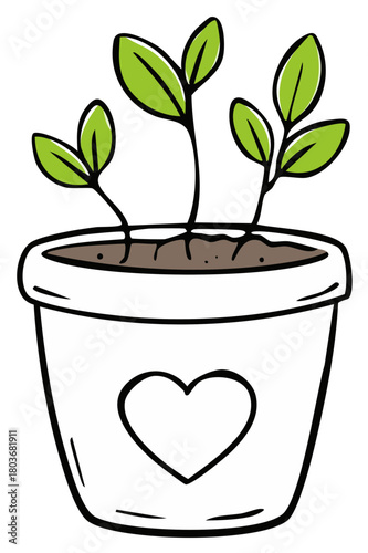 Potted Seedlings Sprouting with a Heart Symbol on Container for Gardening Themes