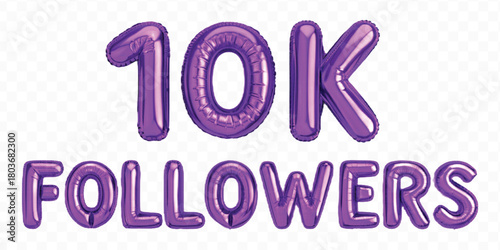 abstract 3d 10K FOLLOWERS typography text made by with different color foil balloons style isolated on transparent background