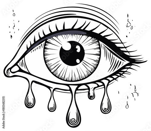 Expressive line art drawing of a human eye shedding multiple tears symbolizing sadness and emotion