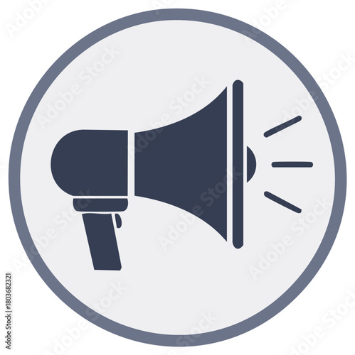 Dark blue megaphone icon with sound waves emanating inside a circular frame