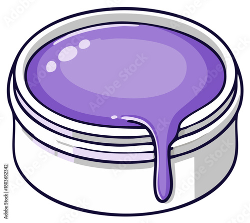 Open paint can with purple liquid spilling over the edge, cartoon style