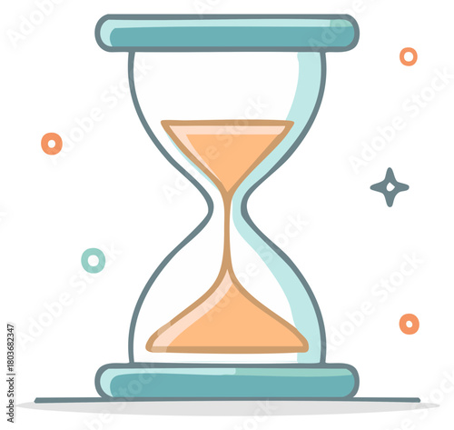 Cute hourglass cartoon icon with orange sand falling and small decorative circles and stars