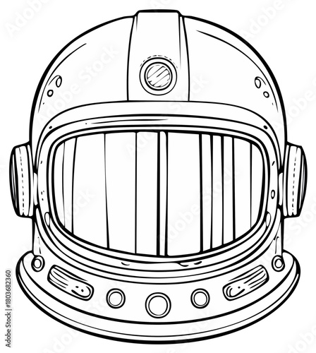 Outline illustration of a retro cosmonaut helmet headgear for sci fi concepts and coloring book pages