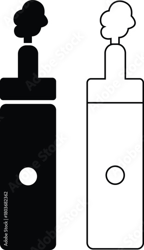 Vape icons set in black flat and outline styles. Electronic cigarette symbols for smoke, vaping device, nicotine theme and minimal vectors collection and modern vape. Bad habit illustration.