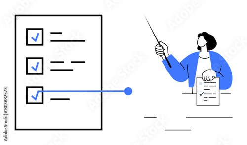 Figure in blue holding a pointer and checklist next to a detailed task list with checkmarks. Ideal for planning, productivity, organization, education, business, management, presentation. Simple flat