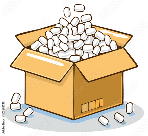 Cartoon Brown Cardboard Box Overflowing with White Polystyrene Packing Peanuts