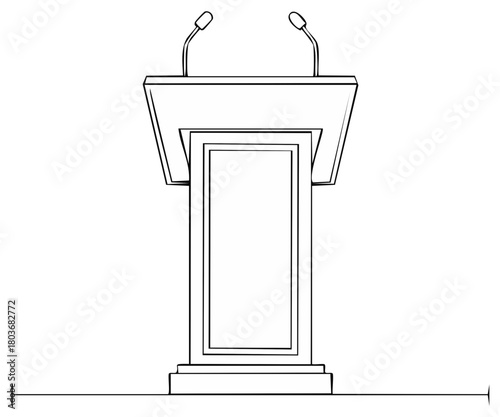 Podium Illustration with Microphones Symbolizes Public Speaking and Presentations in Black and White