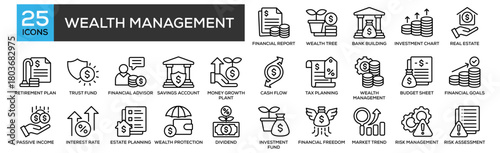 Wealth Management icon collection set. Containing design Financial Report, Wealth Tree, Bank Building, Investment Chart, Financial Freedom