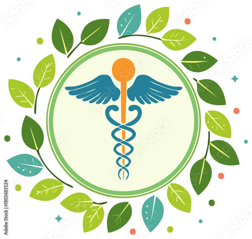 Natural medicine concept with caduceus symbol and green leaf wreath for holistic health and wellness