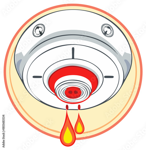 Leaky Fire Alarm Illustration with Water Droplets and Flame Iconography