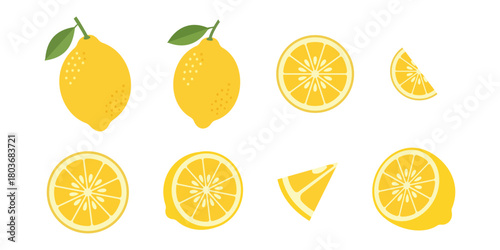 Stylized vector illustration set of fresh lemons including whole fruit slices and leaves