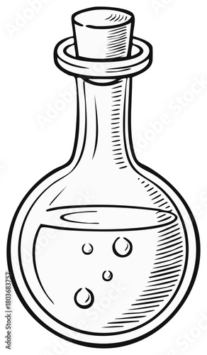 Outline Sketch of Liquid Filled Potion Bottle with Bubbles for Halloween or Fairy Tale Illustrations