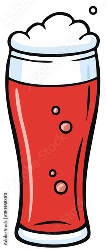 Illustration of a refreshing red beverage with frothy foam and bubbles in a glass