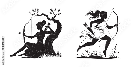 Artemis Huntress Silhouette Vector, Greek Goddess Archer Illustrations.
