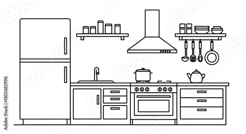 Modern kitchen design with stove, fridge, and cooking utensils