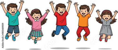 Cartoon children jumping with joy, happy kids in colorful clothes, playful expressions, energetic pose, white background, fun childhood moment
