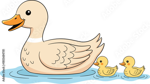 Cartoon duck family illustration, mother duck with ducklings, cheerful water scene, animal parenting, children’s art, playful nature design