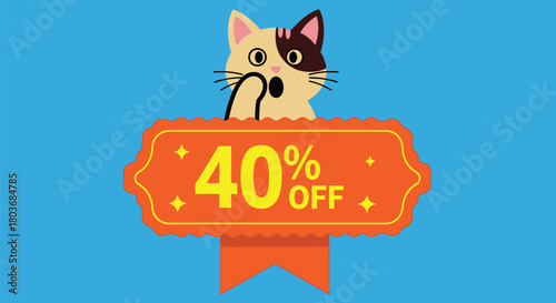 Surprised cat announces 40% off sale, drawing attention to savings