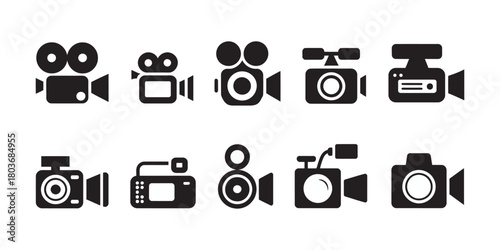 Collection of black icons representing various types of video cameras, isolated on a
