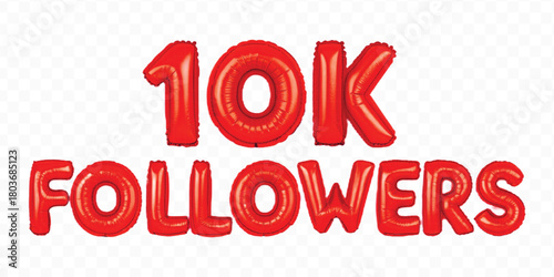 abstract 3d 10K FOLLOWERS typography text made by with different color foil balloons style isolated on transparent background