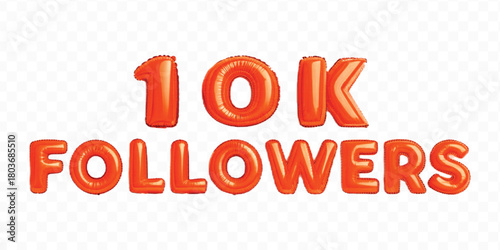 abstract 3d 10K FOLLOWERS typography text made by with different color foil balloons style isolated on transparent background