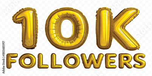 abstract 3d 10K FOLLOWERS typography text made by with different color foil balloons style isolated on transparent background