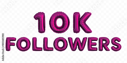 abstract 3d 10K FOLLOWERS typography text made by with different color foil balloons style isolated on transparent background