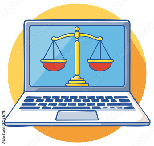 Digital justice scales displayed on a modern laptop screen concept