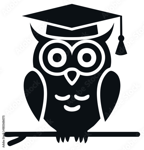 Stylized Owl Wearing Graduation Cap Perched on Branch Silhouette