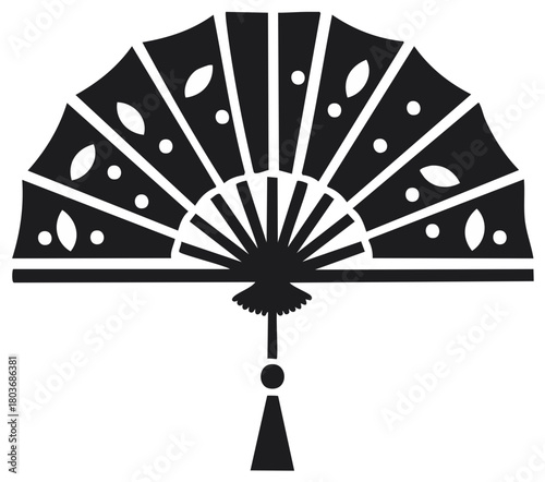 Decorative hand fan illustration in black and white, traditional symbol