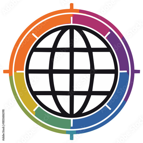 Stylized globe icon with colorful segmented circle and crosshairs