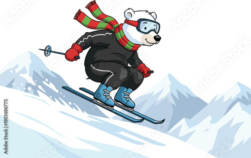 Cartoon polar bear skiing downhill in winter mountains wearing ski gear, scarf, goggles, and gloves in dynamic snowy action