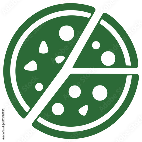 Stylized green pizza icon divided into slices with white circular and triangular toppings