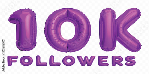 abstract 3d 10K FOLLOWERS typography text made by with different color foil balloons style isolated on transparent background