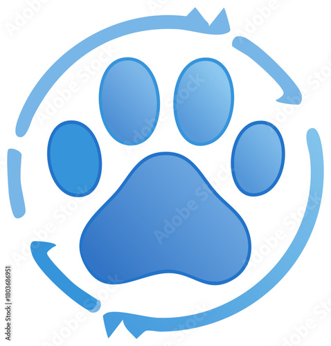 Animal paw print symbol surrounded by a circular arrow promoting pet care and adoption