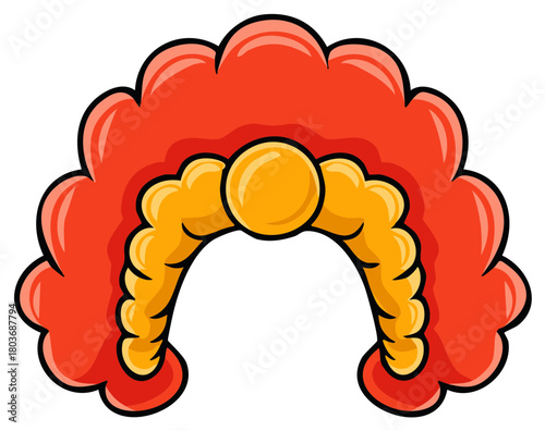 Cartoon Red Fluffy Wig with Ornate Gold Headpiece Vector Graphic