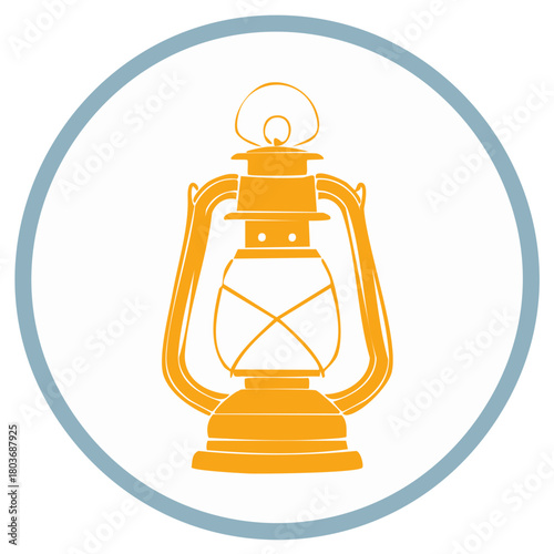 Orange kerosene lamp icon in a blue circle on white background