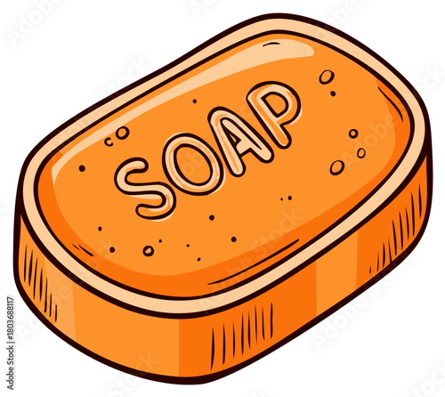 Hand drawn illustration of an orange bar of soap with the word SOAP embossed on top