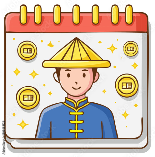 Smiling man in traditional Asian conical hat and blue outfit with ancient golden coins calendar illustration